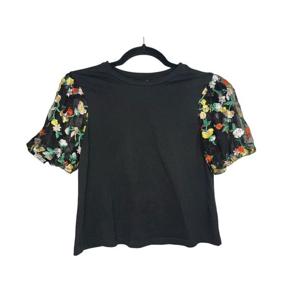 ASOS Women’s 4 Top Floral Embroidered Lace Sleeves Black Crewneck Stretch - Picture 1 of 5